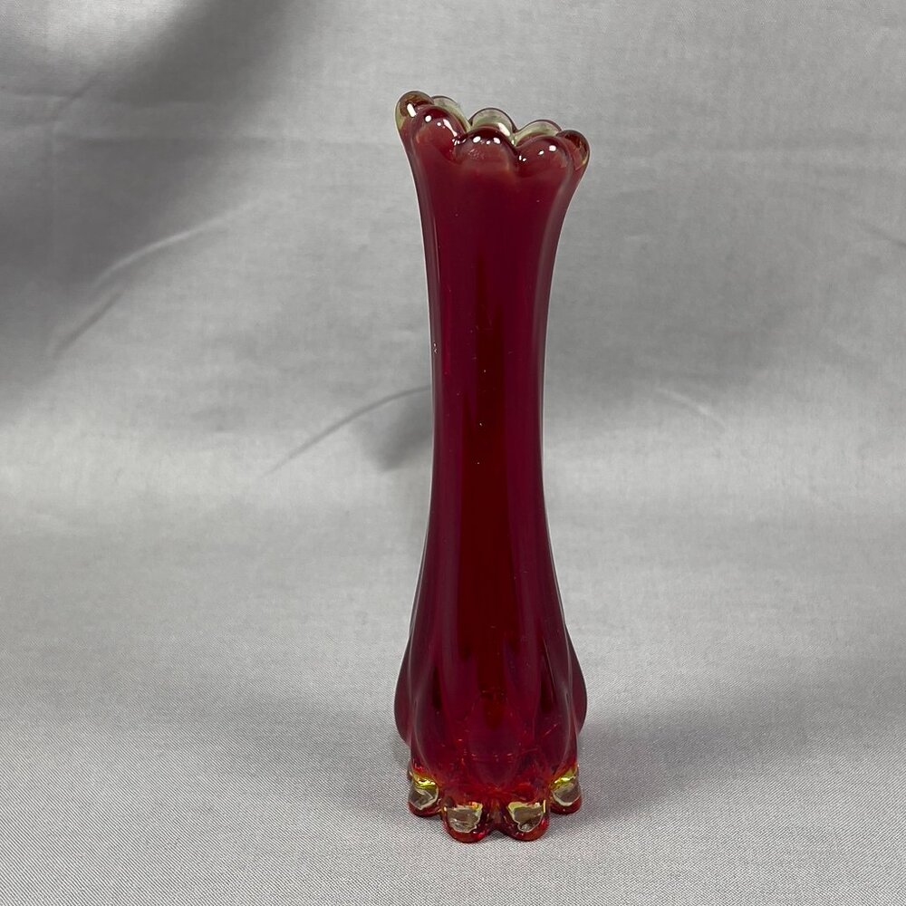 Vtg Fostoria 1229 Ruby Red Heirloom Art Clear Glass Bud 6" Vase 60s Glows - Picture 5 of 16